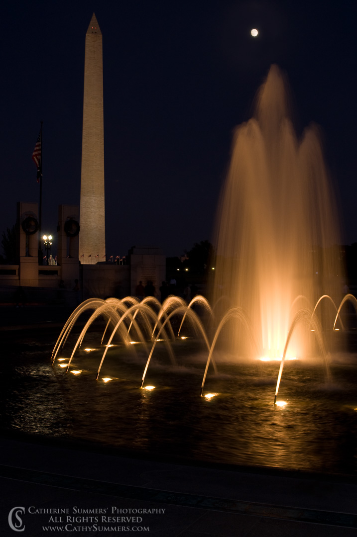 Title: Full Moon, Washington Monument and World War II Memorial Fountain #3; Keywords: DC, fountain, moon, Washington, Washington Monument, World War II Memorial
