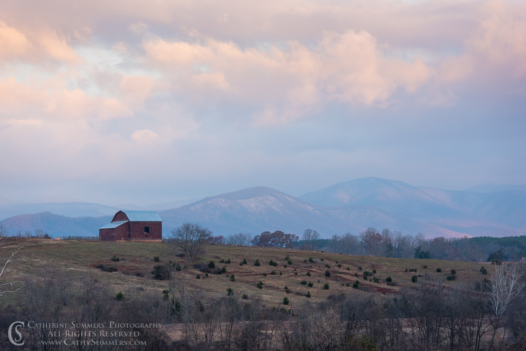 Red Barn and Snowy Blue Ridge Mountains in the Morning Light: Greene County, Virginia