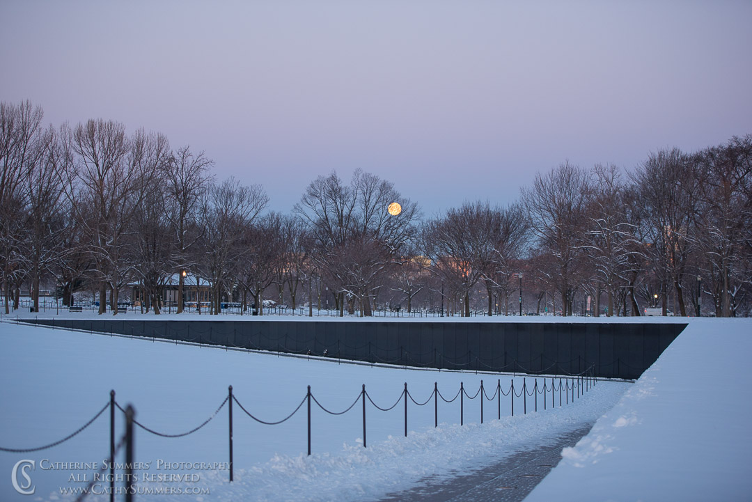 Full Moon Sets beyond Vietnam Memorial on a Snowy Dawn: Washington, DC