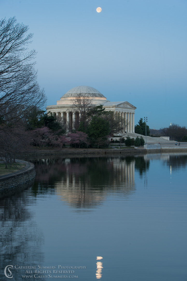 Full Moon and Jefferson Memorial Before Dawn with Reflection in Tidal Basin: Washington, DC