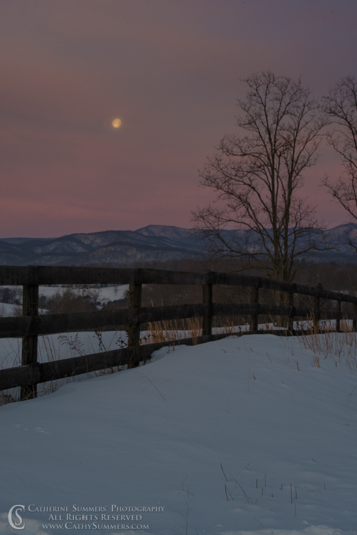 Moon Disappearing into Dawn Clouds over the Snowy Blue Ridge Mountains: Madison, Virginia