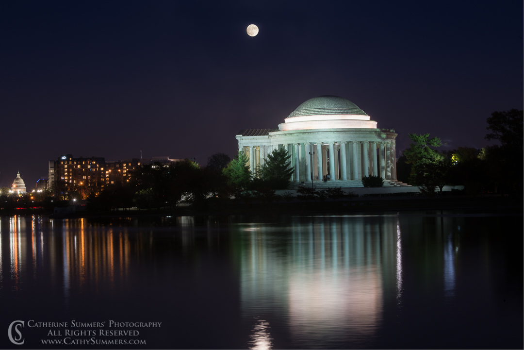 Full Moon Over the Jefferson Memorial with US Capitol and Reflection in Tidal Basin: Washington, DC