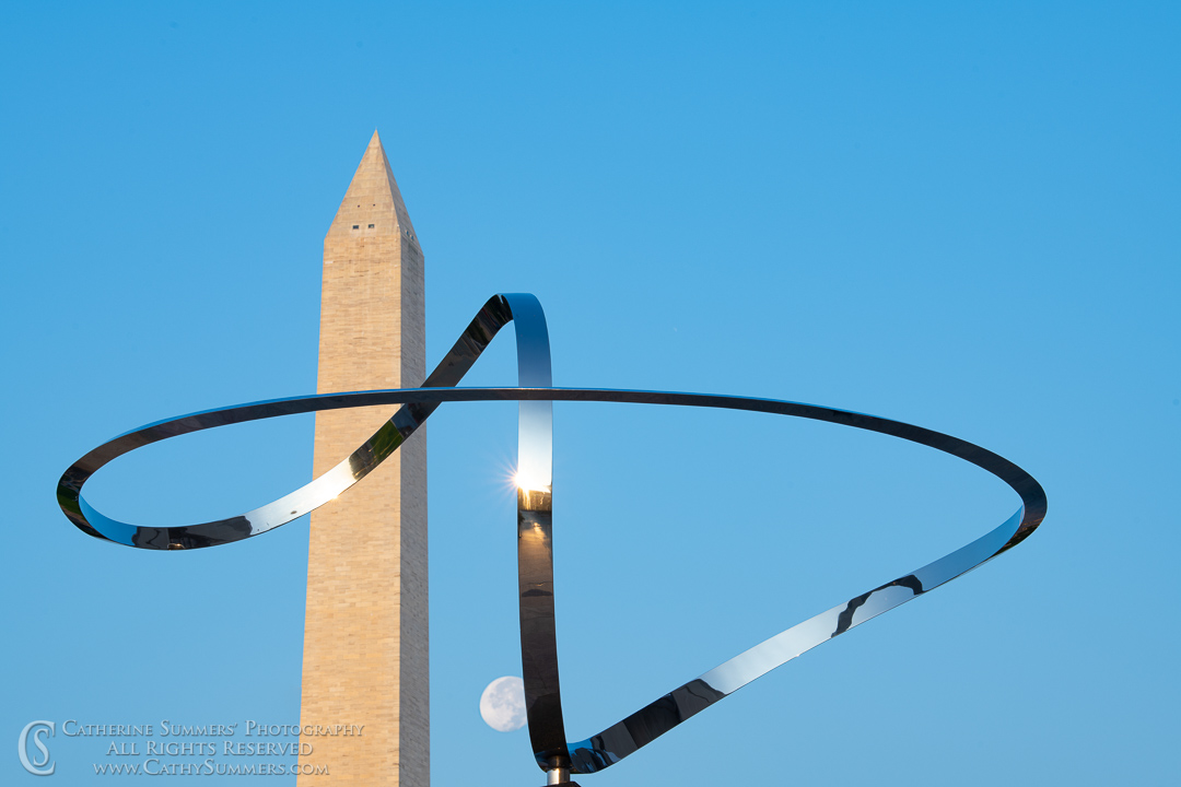 Full Moon, Washinton Monument and Infinity Sculpture in the Early Morning:  Washington, DC