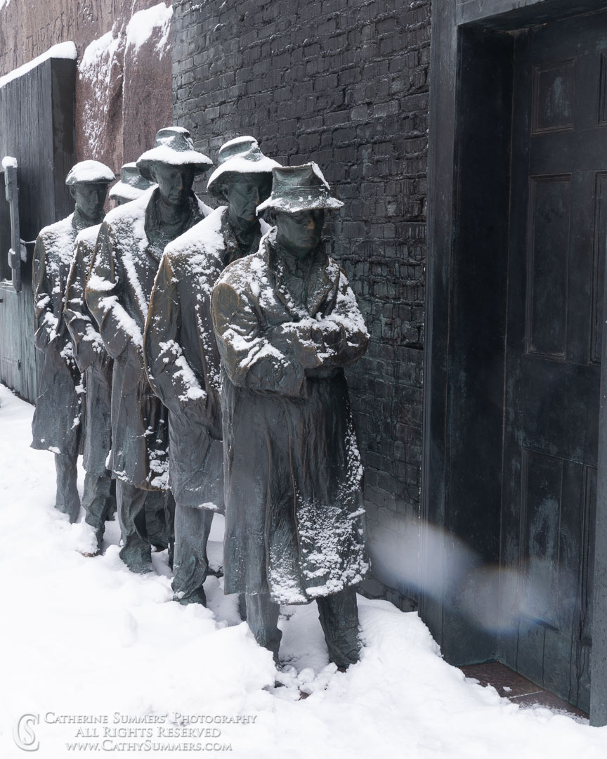 Depression Breadline sculpture at FDR Memorial in the snow