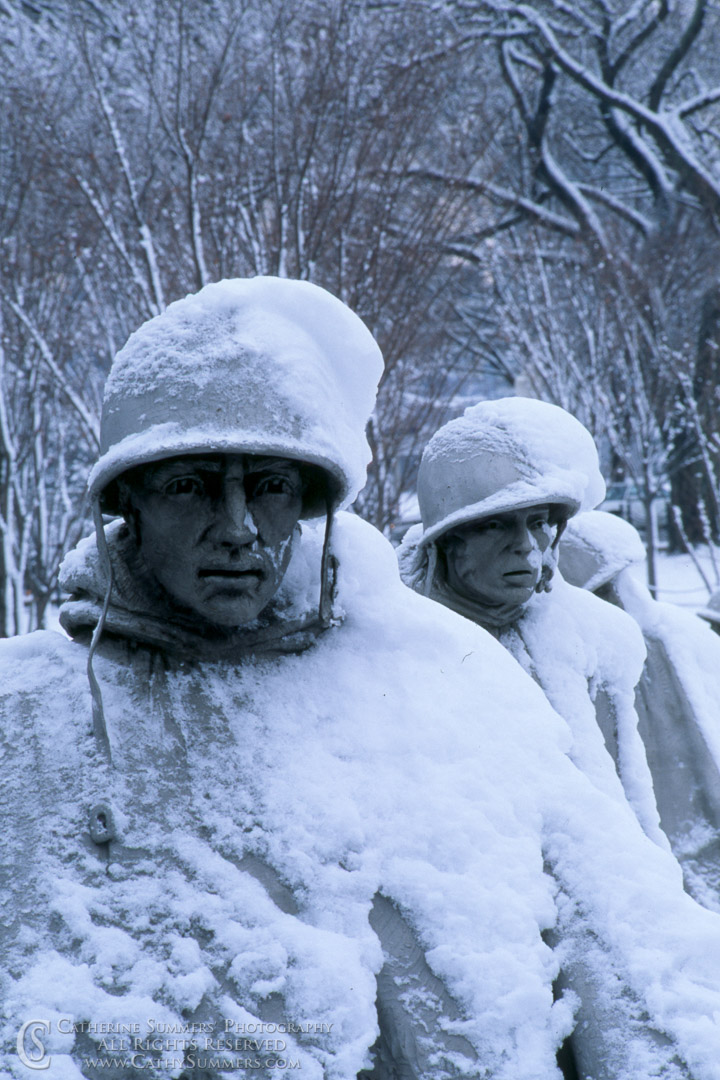 Title: Korean War Memorial Statues in the Snow #1; Keywords: DC, Korean War Memorial, snow, statue, vertical, Washington, Winter