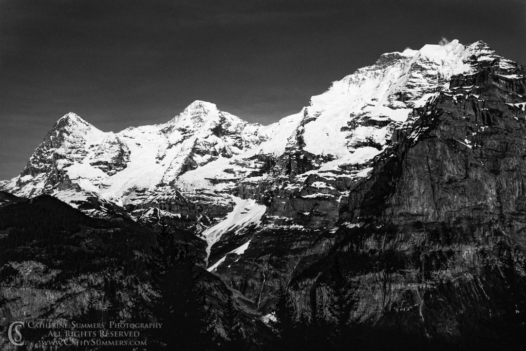 Eiger, Monch and Jungfrau from Muren - BW