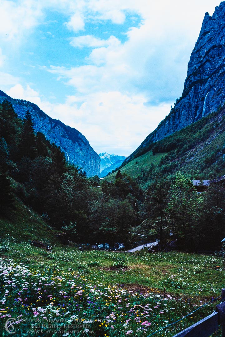 1983_Swiss_Alps_006: waterfall, morning, alps, glacial valley, Lauterbrunnen