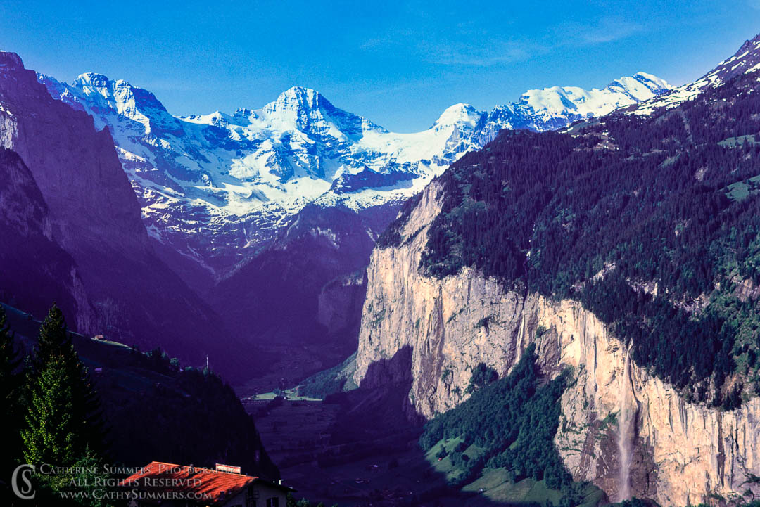 1983_Swiss_Alps_008: horizontal, waterfall, morning, alps, Bernesse Oberland, Jungfrau, Monch, glacial valley, Lauterbrunnen
