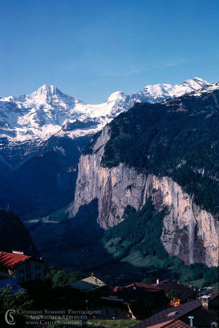 1983_Swiss_Alps_009: waterfall, alps, Bernesse Oberland, Jungfrau, Monch, glacial valley, Lauterbrunnen