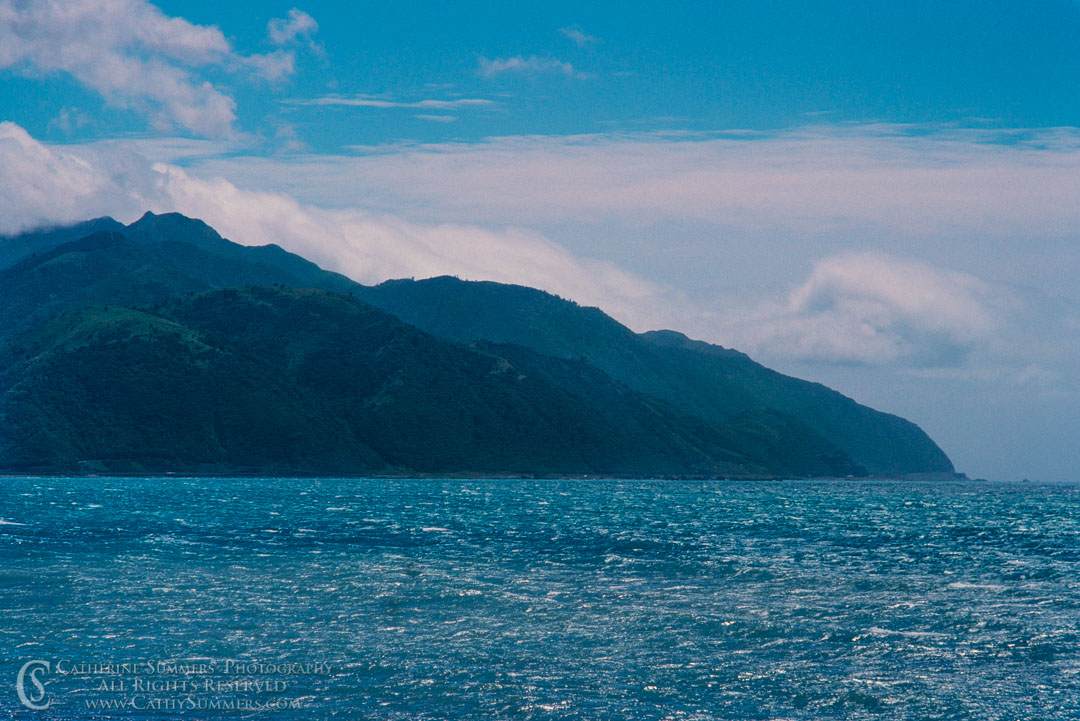 1988_NZ_006: clouds, horizontal, mountains, ocean, Cook Strait, South Island