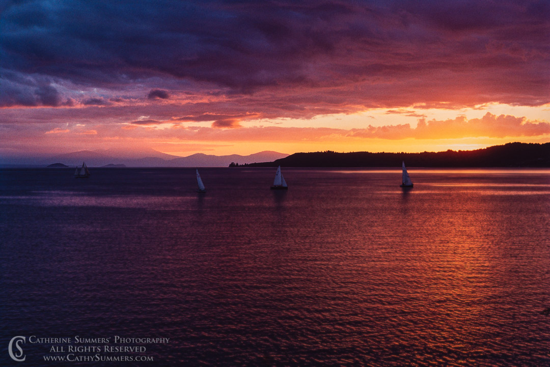 1988_NZ_019: sunset, reflection, horizontal, New Zealand, Lake Taupo, sailboats