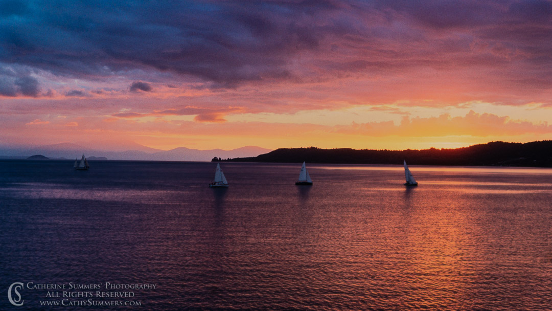 1988_NZ_020: sunset, reflection, horizontal, New Zealand, Lake Taupo, sailboats, dock