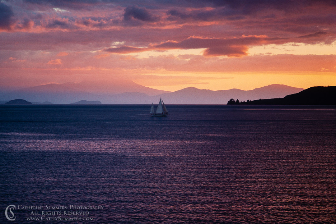 1988_NZ_021: sunset, reflection, horizontal, New Zealand, Lake Taupo, sailboats