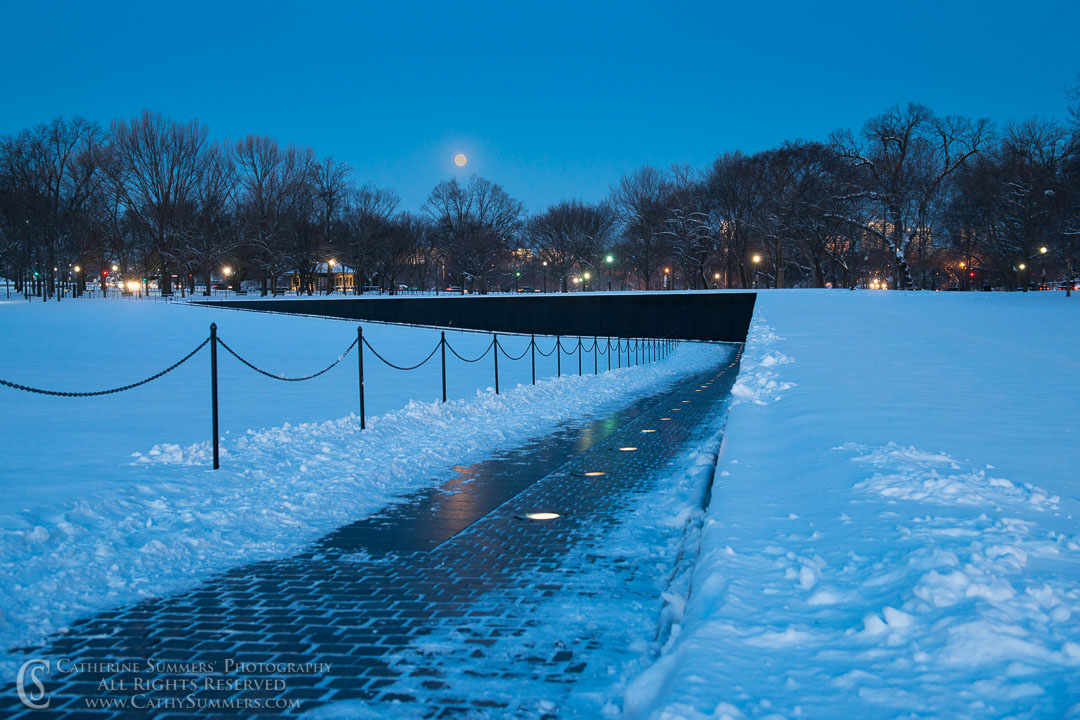 Moon Setting Over the Vietnam Memorial (The Wall) at Dawn on a Snowy Morning: Washington, DC
