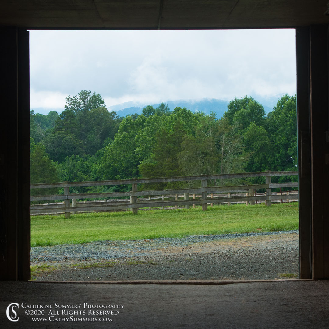 20160703_040: clouds, trees, fence, square, summer, Blue Ridge Mountains, barn, Knole, doorway, barnyard