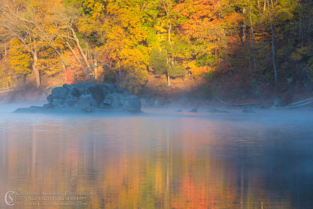 Autumn Colors in Early Morning Light with Reflections and Mist at Widewater: C&O Canal National Historic Park, Maryland