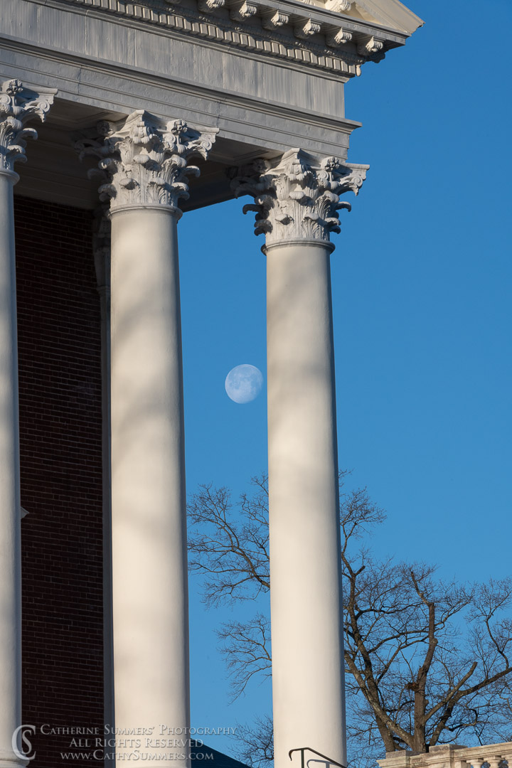 Waning Full Moon and Columns on the North Portico of  The Rotunda at UVA