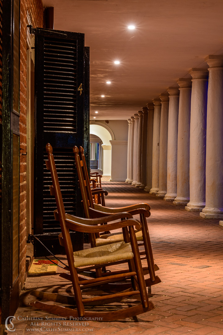 20190902_016: vertical, night, The Lawn, University of Virginia, UVA, rocking chair