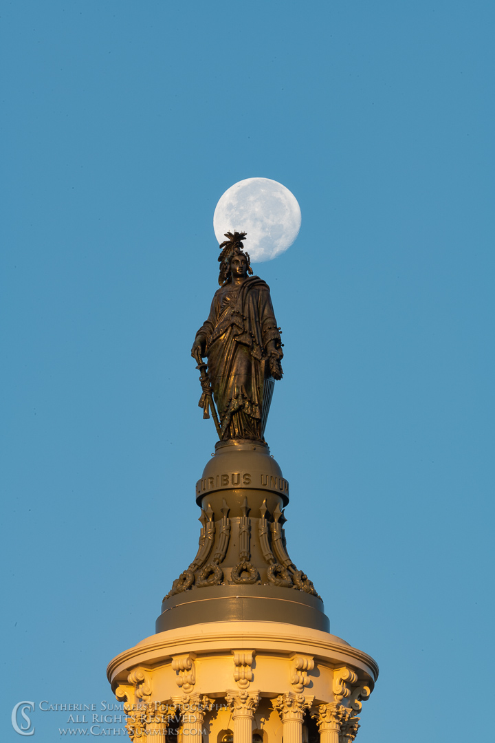 Freedom Statue and Moonset at the US Capitol