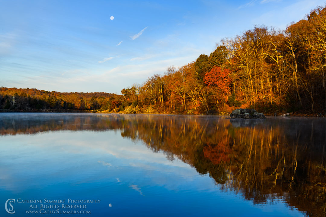 Sunrise Reflections and a Waning Full Moon Over the C&O Canal at Widewater