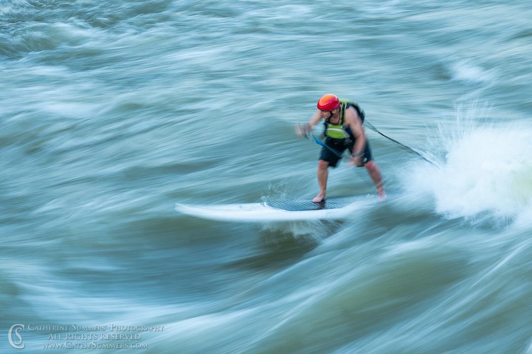 20200612_036: horizontal, whitewater, surfing, O'deck, long exposure, Potomac River, motion blur, standup paddleboard