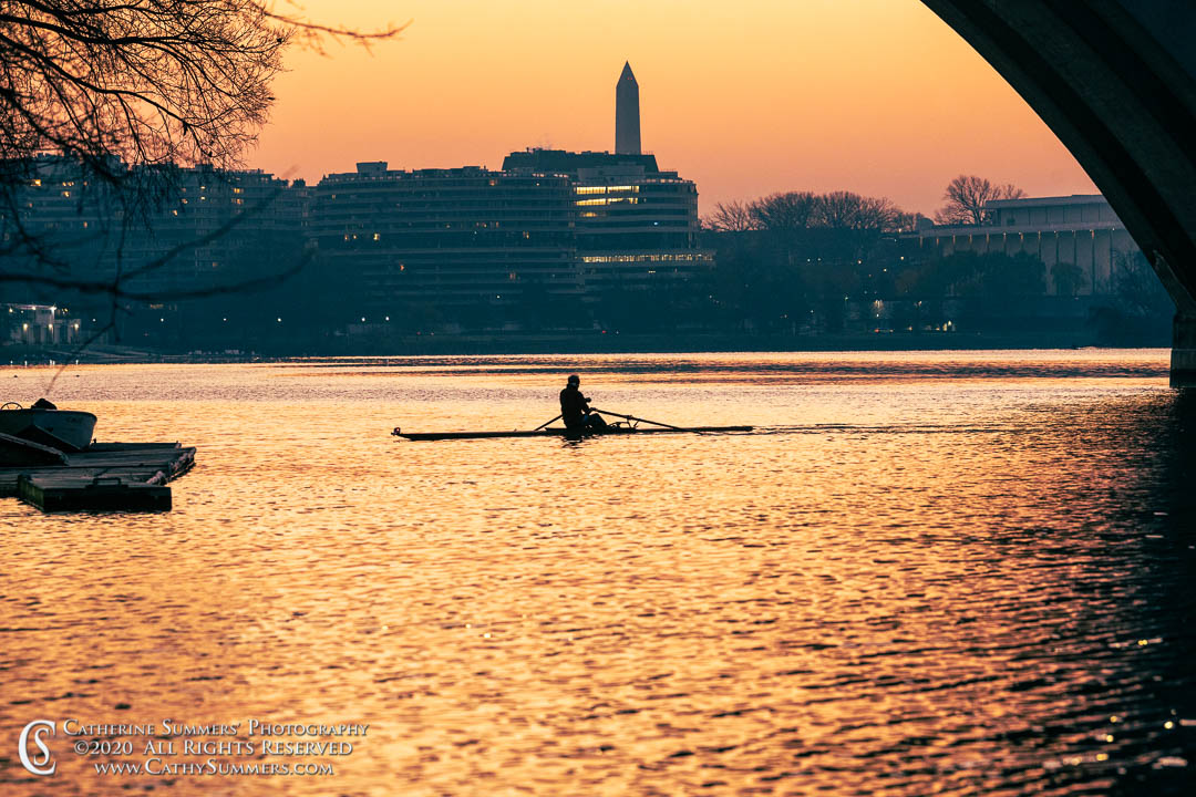 20201210_014: reflection, horizontal, morning, winter, dawn, Washington Monument, sunrise, Potomac River, Key Bridge, rower, Washington DC, Watergate