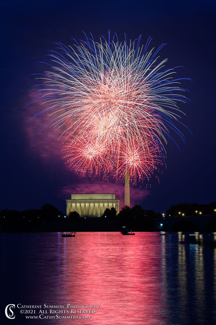 Fourth of July Fireworks Over the Lincoln Memorial and Washington Monument Reflected in the Potomac River