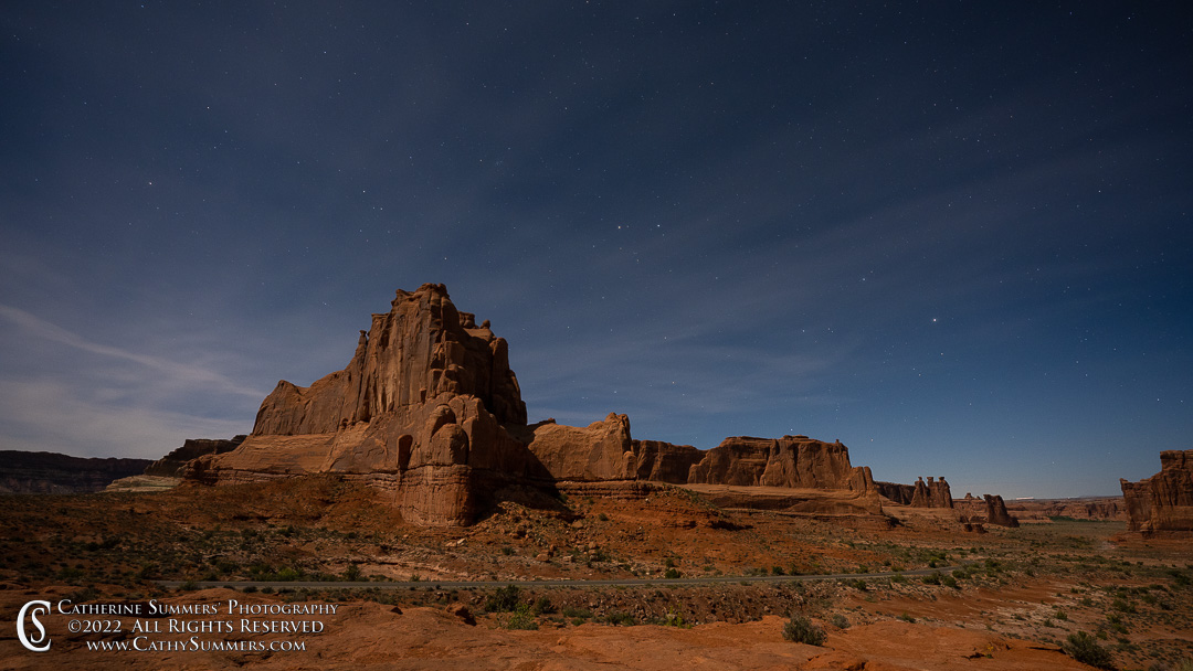 Moonlight and Stars at Park Avenue in Arches National Park