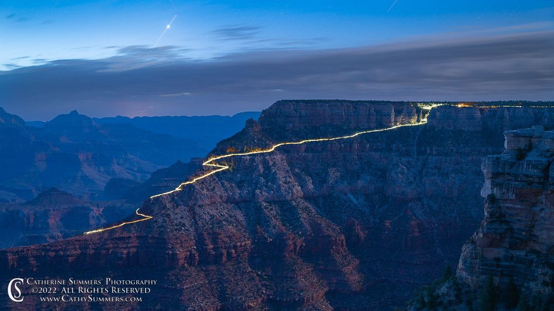 20220521_009: horizontal, dawn, trail, light, composite image, Grand Canyon National Park, hikers, Kaibab Trail, Yaki Point