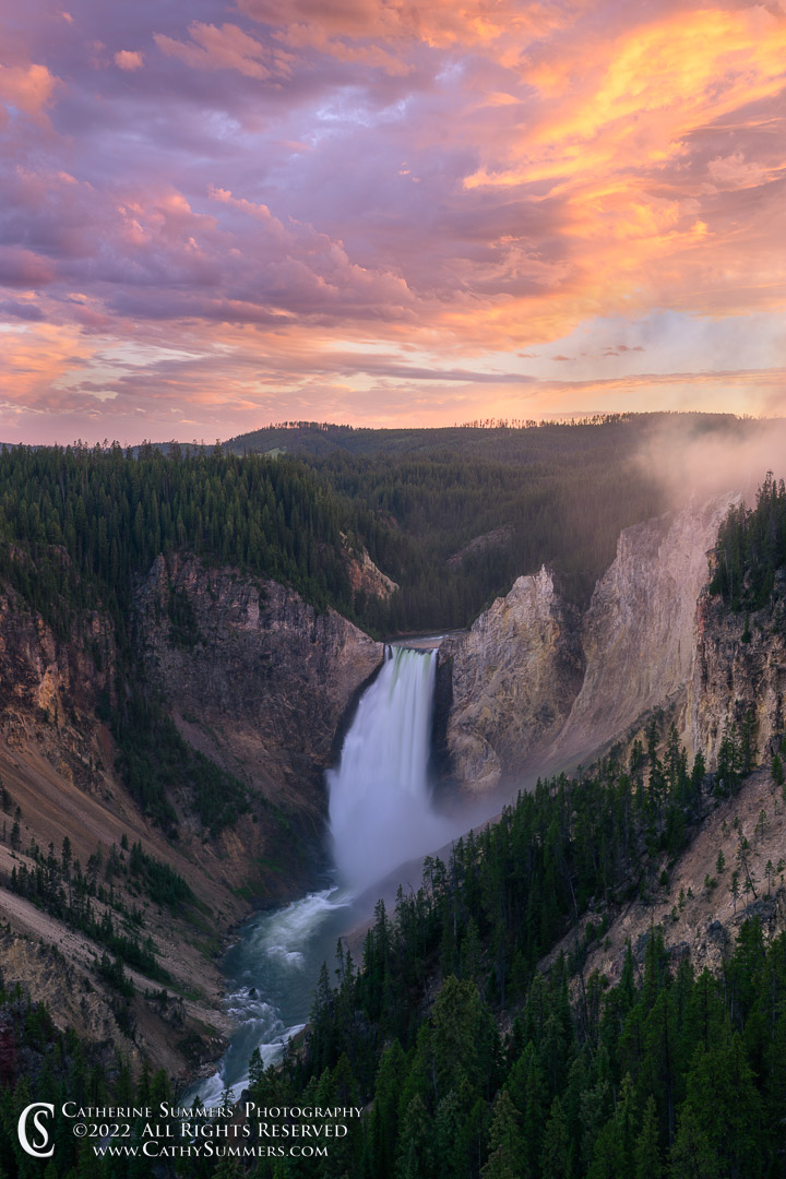 20220713_104: sunset, vertical, clouds, waterfall, Yellowstone National Park, Grand Canyon of the Yellowstone, Yellowstone River, Lower Falls