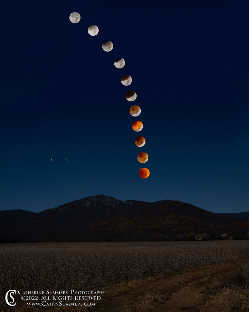 20221108_EclipseComposite: vertical, moon, autumn, Shenandoah National Park, Blue Ridge Mountains, Old Rag, composite image, lunar eclipse