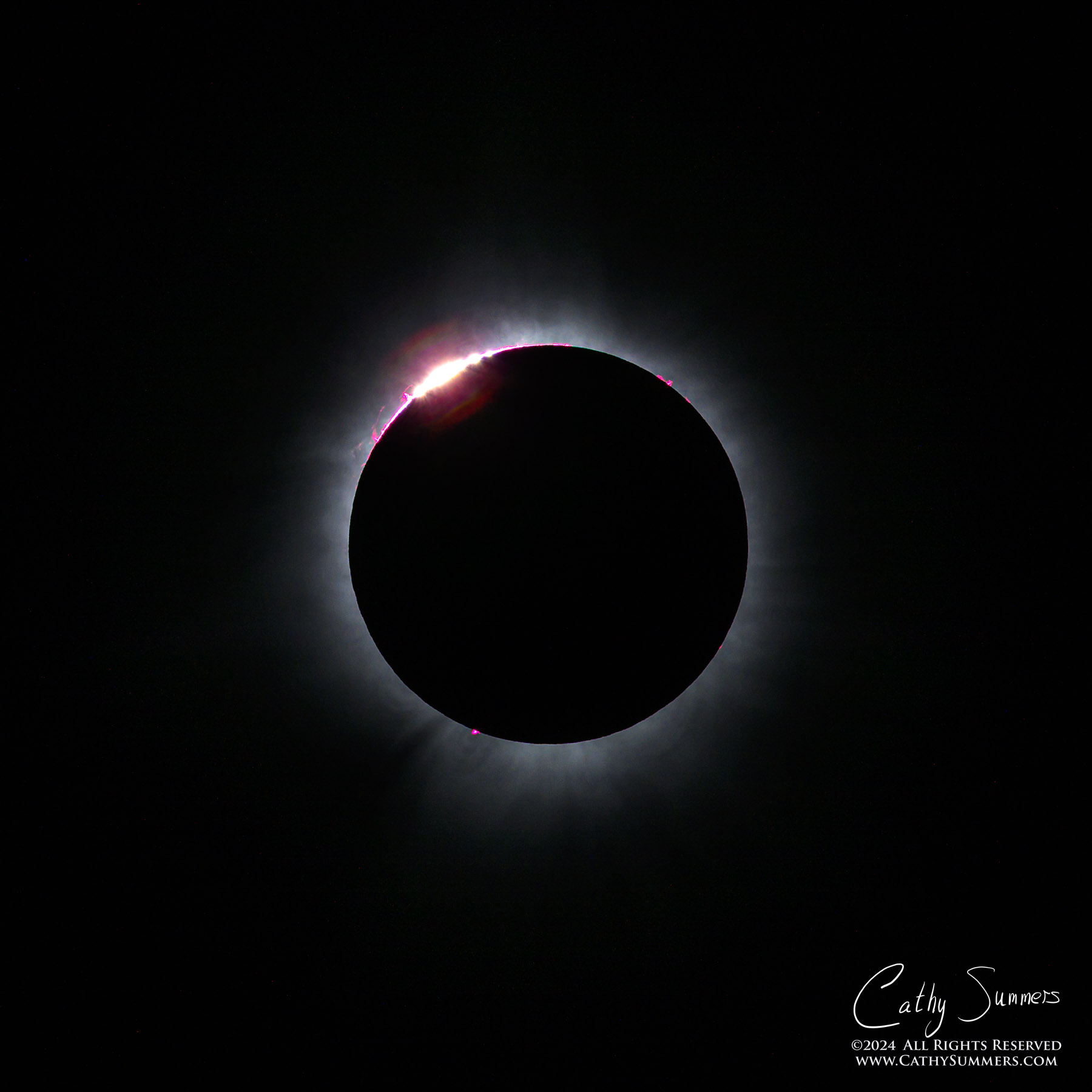 Diamond Ring, Baileys Beads and Solar Prominences During the 2024 Solar Eclipse as Totality Begins