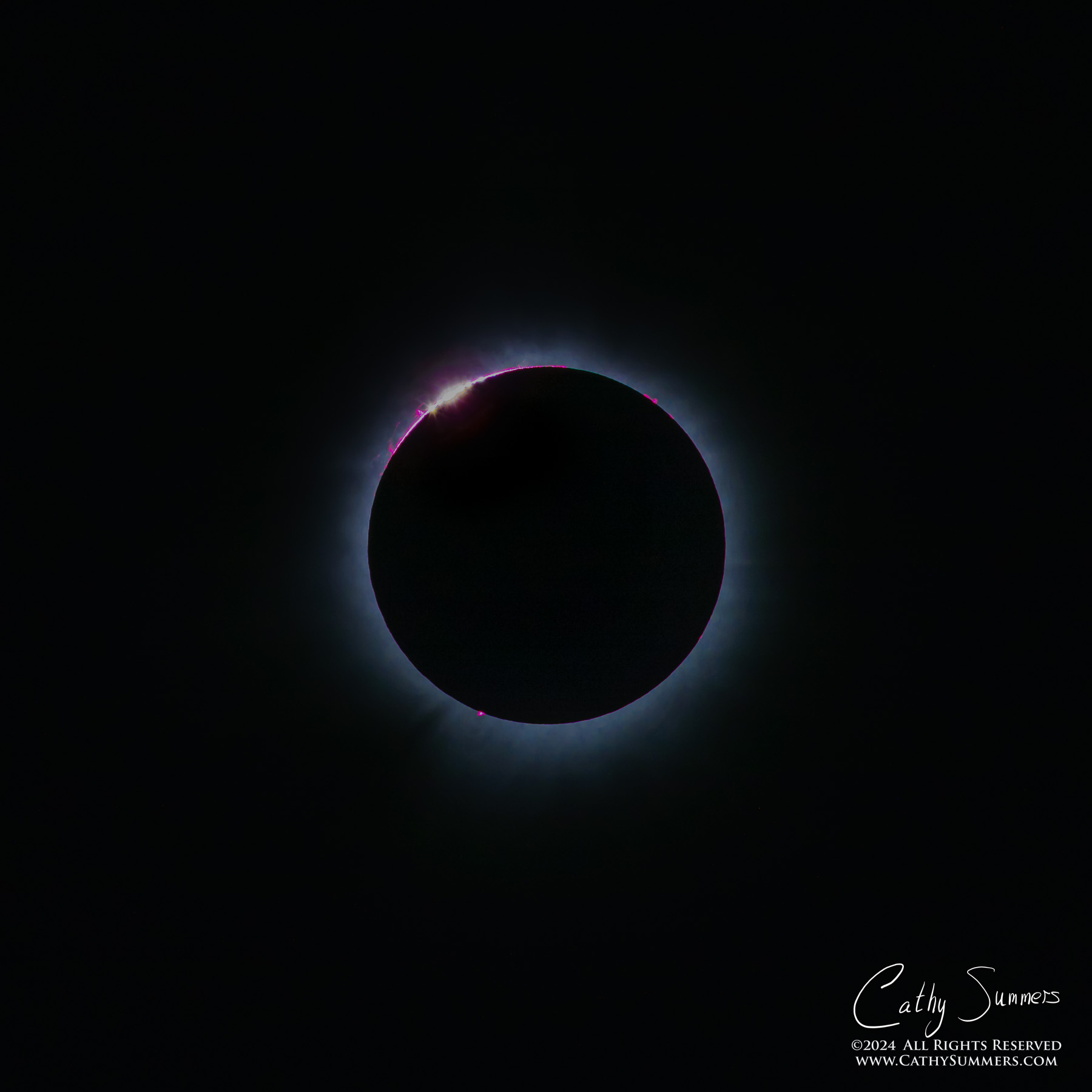 Diamond Ring, Baileys Beads and Solar Prominences During the 2024 Solar Eclipse as Totality Begins