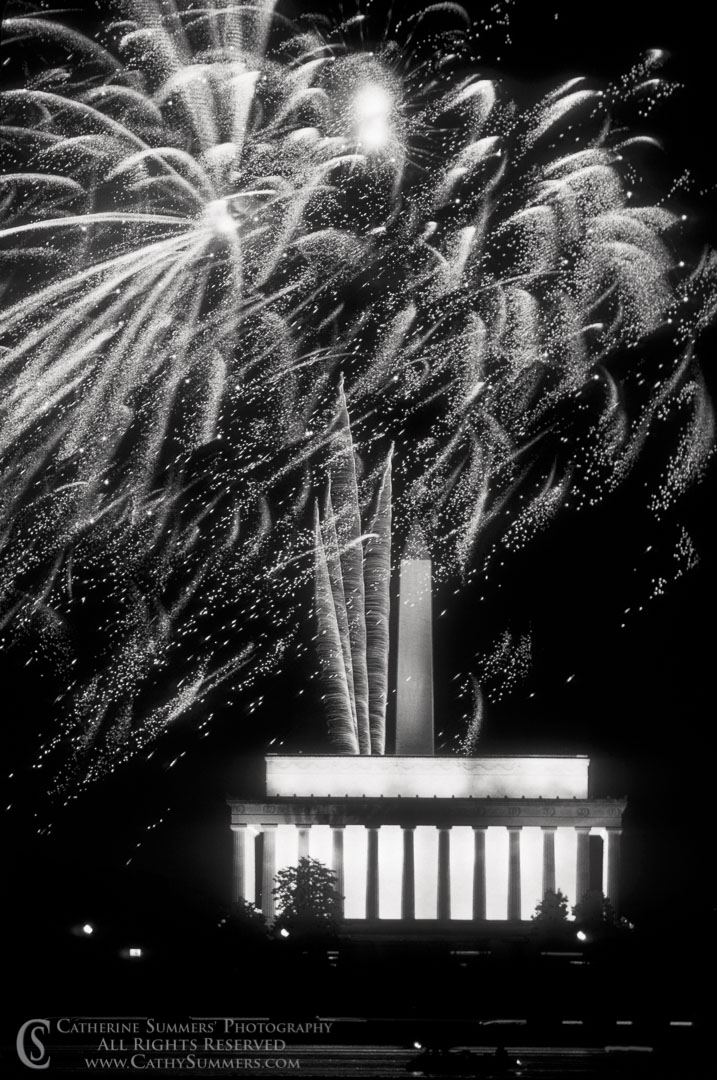 FW_1988_010_BW: vertical, DC, Washington, reflection, Washington Monument, fireworks, Fourth of July, Lincoln Memorial, black and white