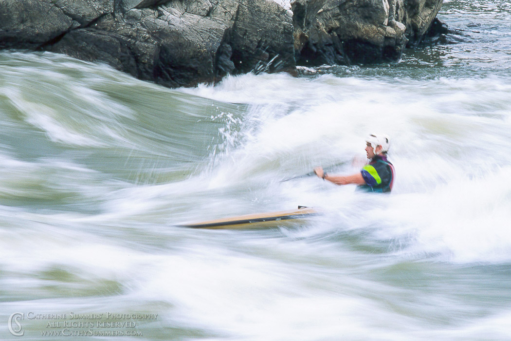 Using a slow shutter speed when the kayaker is at the right spot to remain almost motionless as the Potomac rushes by.: Great Falls National Park, Virginia