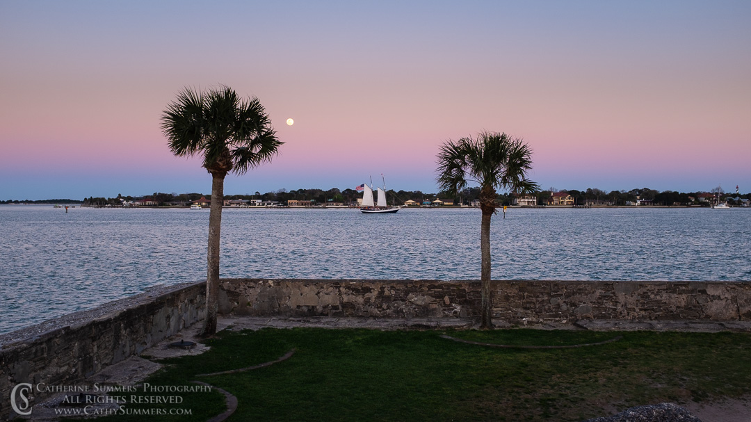 20160322_021: sunset, horizontal, moonrise, sailboat, St. Augustine, landscape, moon rise