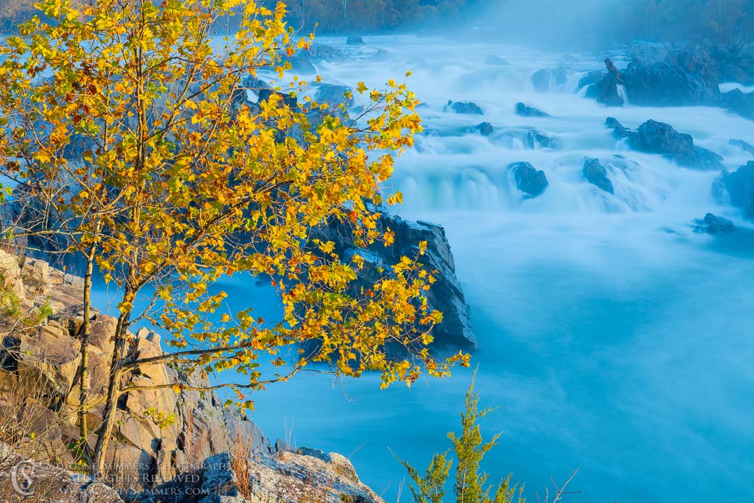 Golden Leaves and a Long Exposure at Great Falls of the Potomac on an Autumn Morning: Great Falls National Park, Virginia
