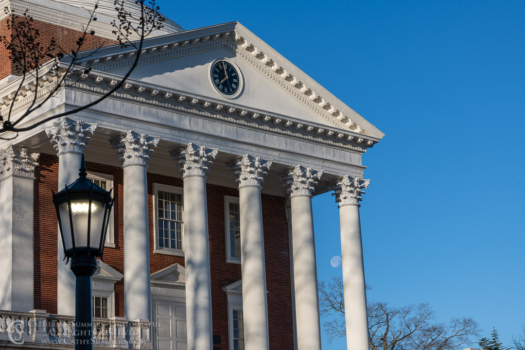 Waning Full Moon and the North Portico of The Rotunda on an Early Spring Morning