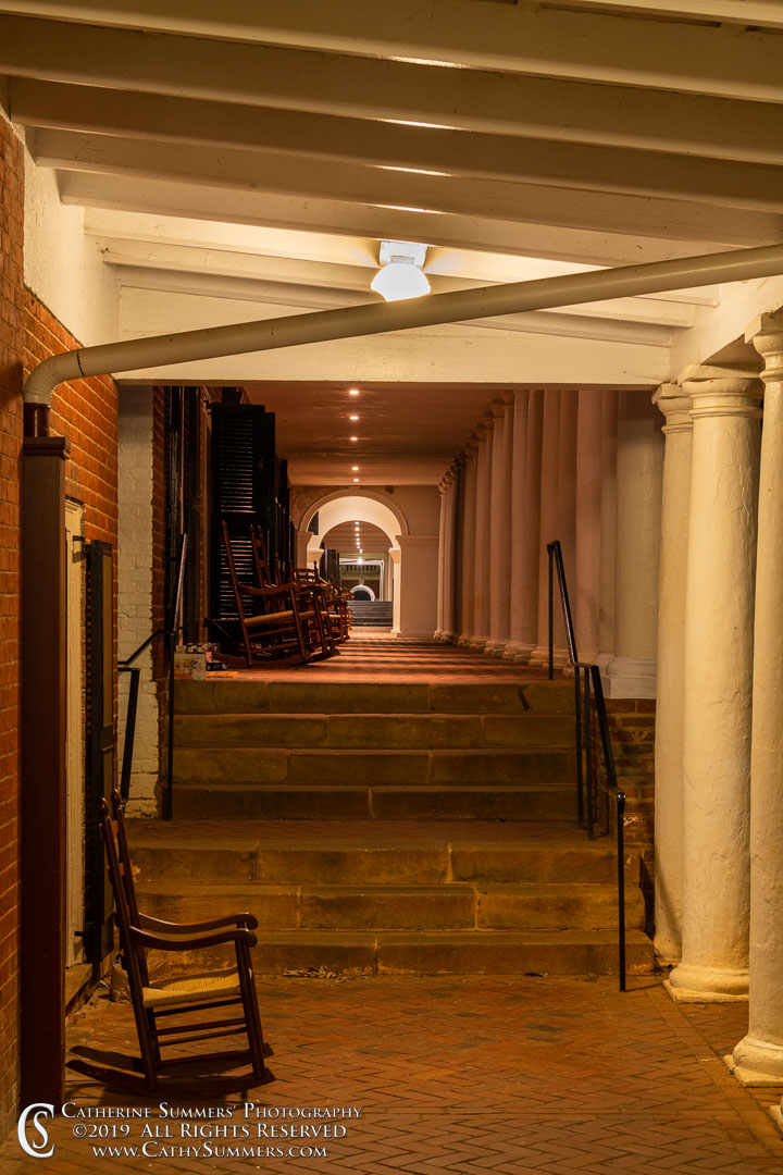 20190902_012: vertical, night, The Lawn, University of Virginia, UVA, rocking chair