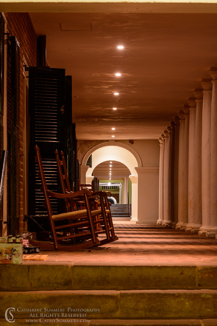 20190902_014: vertical, night, The Lawn, University of Virginia, UVA, rocking chair