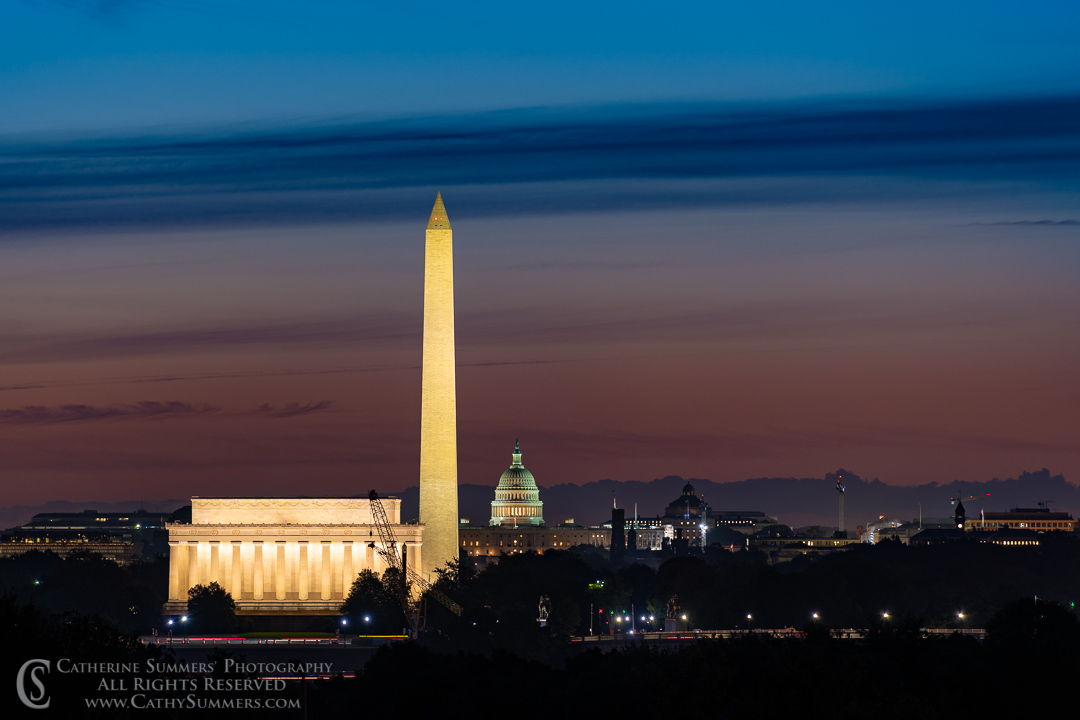 20190920_002: clouds, horizontal, dawn, Washington Monument, Lincoln Memorial, US Capitol, sunrise