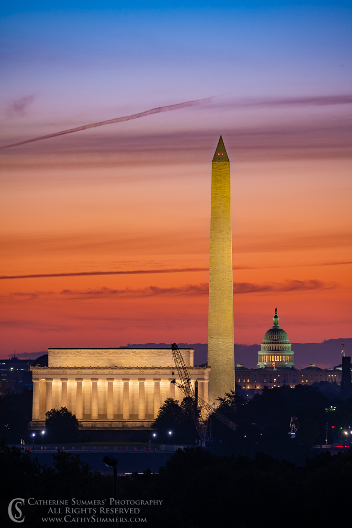 20190920_008: vertical, clouds, dawn, Washington Monument, Lincoln Memorial, US Capitol, sunrise