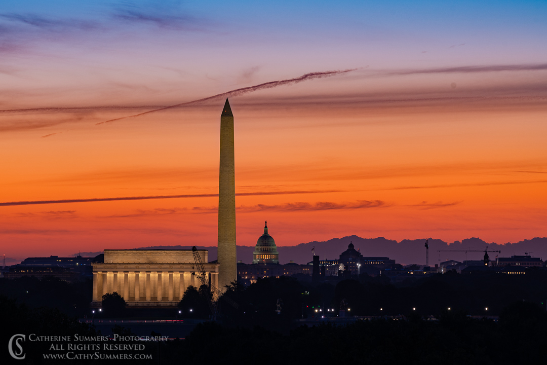 20190920_011: clouds, horizontal, dawn, Washington Monument, Lincoln Memorial, US Capitol, sunrise