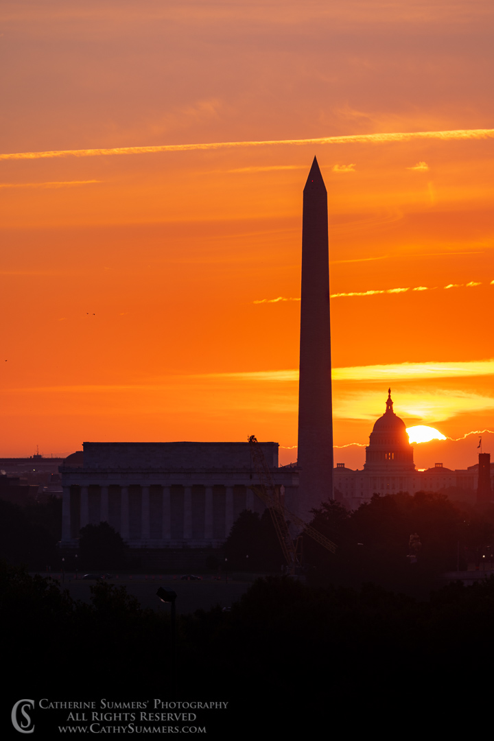 20190920_041: vertical, clouds, dawn, Washington Monument, Lincoln Memorial, US Capitol, sunrise