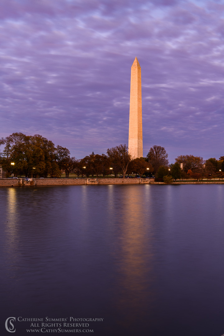 20191109_295: sunset, vertical, clouds, Tidal Basin, reflection, Washington Monument