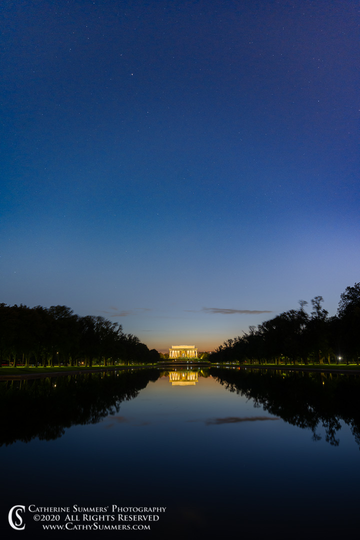20200816_017: sunset, vertical, Lincoln Memorial, Reflecting Pool, stars, reflections