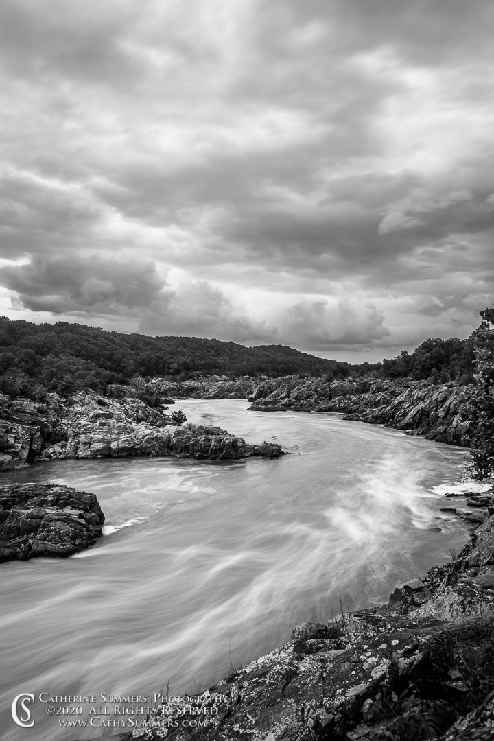 20200903_014_BW: vertical, clouds, Great Falls National Park, Great Falls, storm, waterfall, black and white, long exposure, Potomac River