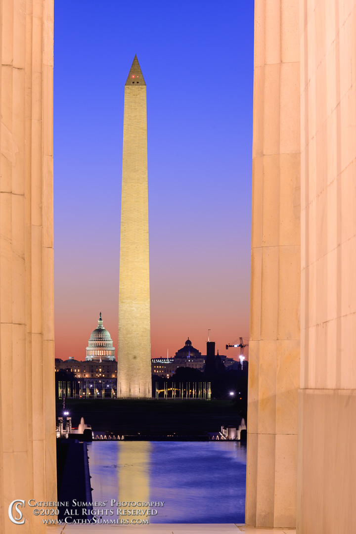 20200920_011: vertical, morning, dawn, Washington Monument, Lincoln Memorial, US Capitol, Reflecting Pool, reflections