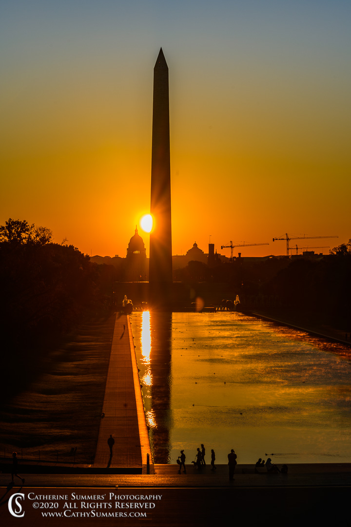 20200920_042: vertical, morning, Washington Monument, sunrise, Reflecting Pool, reflections