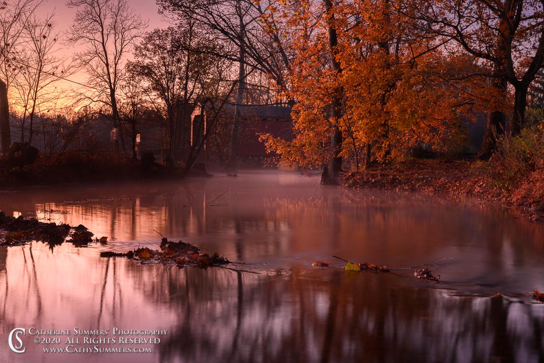 20201108_007: reflection, horizontal, autumn, dawn, sunrise, covered bridge, Loy's Station Covered Bridge